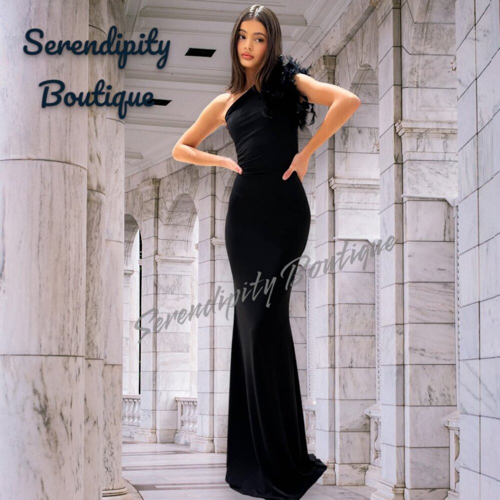 Elegant Black Feather Trim Tapered Fit One Shoulder Floor Length Maxi Dress - Picture 4 of 8